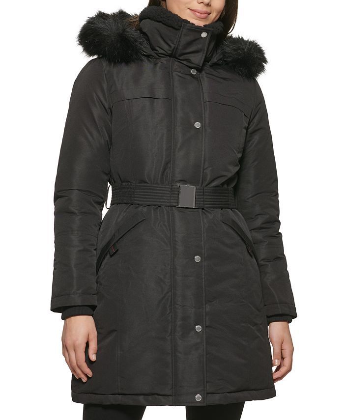 Kenneth Cole Women's Faux-Fur-Trim Hooded Puffer Coat Black Medium Belted