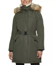 Kenneth Cole Women's Puffer Coat Olive Green XS Belted Faux-Fur Hooded