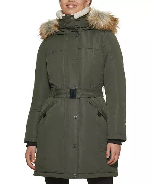 Kenneth Cole Women's Puffer Coat Olive Green XS Belted Faux-Fur Hooded