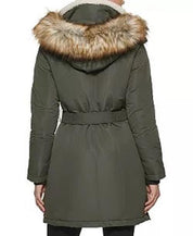 Kenneth Cole Women's Puffer Coat Olive Green XS Belted Faux-Fur Hooded