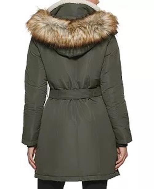 Kenneth Cole Women's Puffer Coat Olive Green XS Belted Faux-Fur Hooded