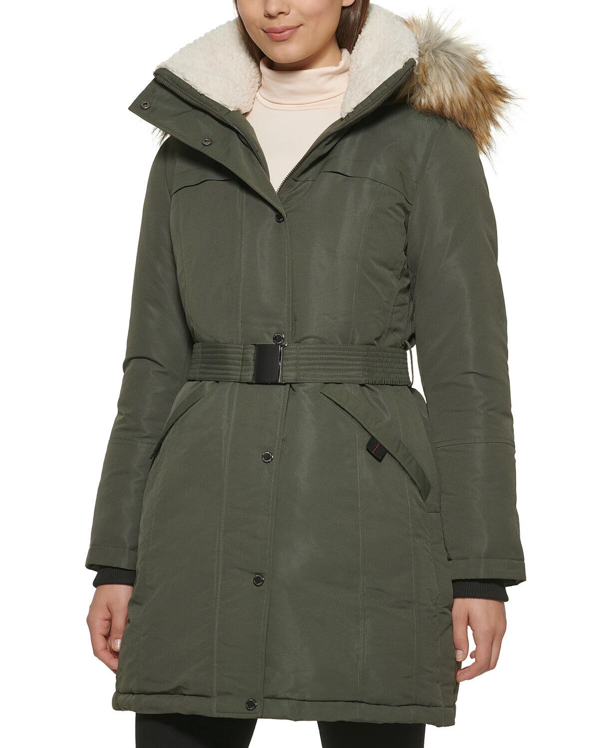 Kenneth Cole Women's Puffer Coat Olive Green XS Belted Faux-Fur Hooded
