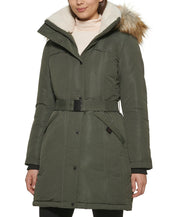 Kenneth Cole Women's Puffer Coat Olive Green XS Belted Faux-Fur Hooded