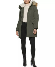 Kenneth Cole Women's Puffer Coat Olive Green XS Belted Faux-Fur Hooded