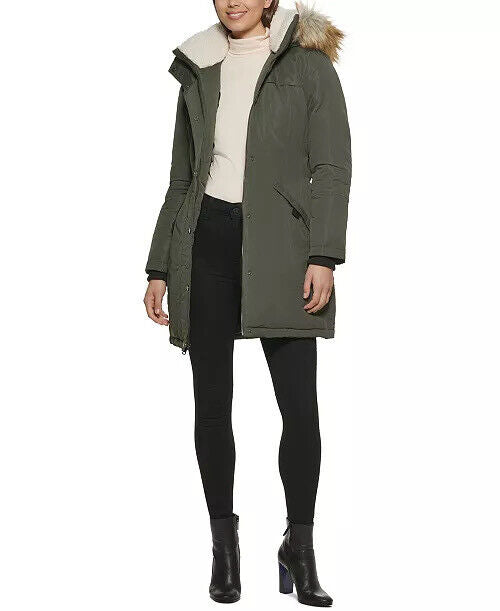 Kenneth Cole Women's Puffer Coat Olive Green XS Belted Faux-Fur Hooded