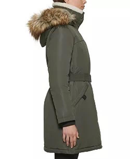 Kenneth Cole Women's Puffer Coat Olive Green XS Belted Faux-Fur Hooded