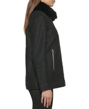 KENNETH COLE Women's Faux-Fur-Collar Moto Coat Large Black