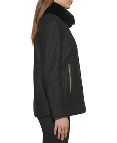 KENNETH COLE Women's Faux-Fur-Collar Moto Coat Large Black