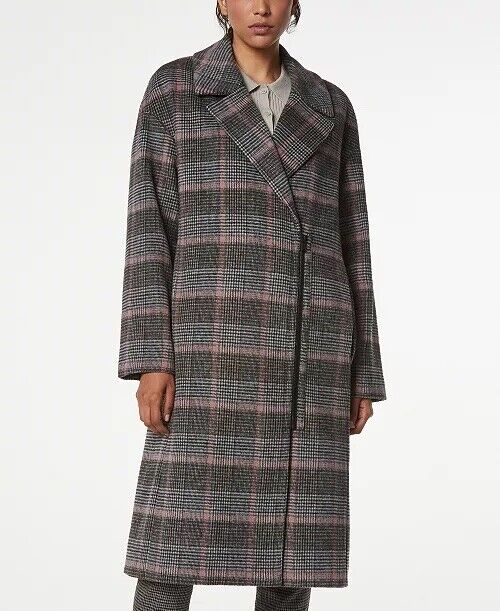 Andrew Marc Asymmetrical Drop Shoulder Plaid Wool Coat XL Black / Pink Plaid