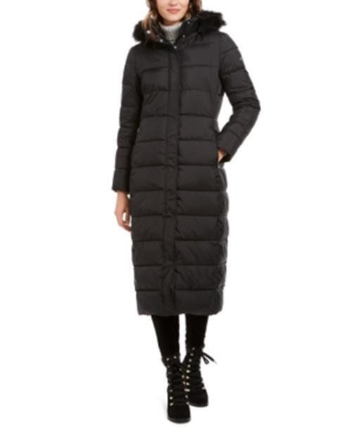 CALVIN KLEIN Womens Faux-Fur-Trim Hooded Maxi Puffer Coat XS Black