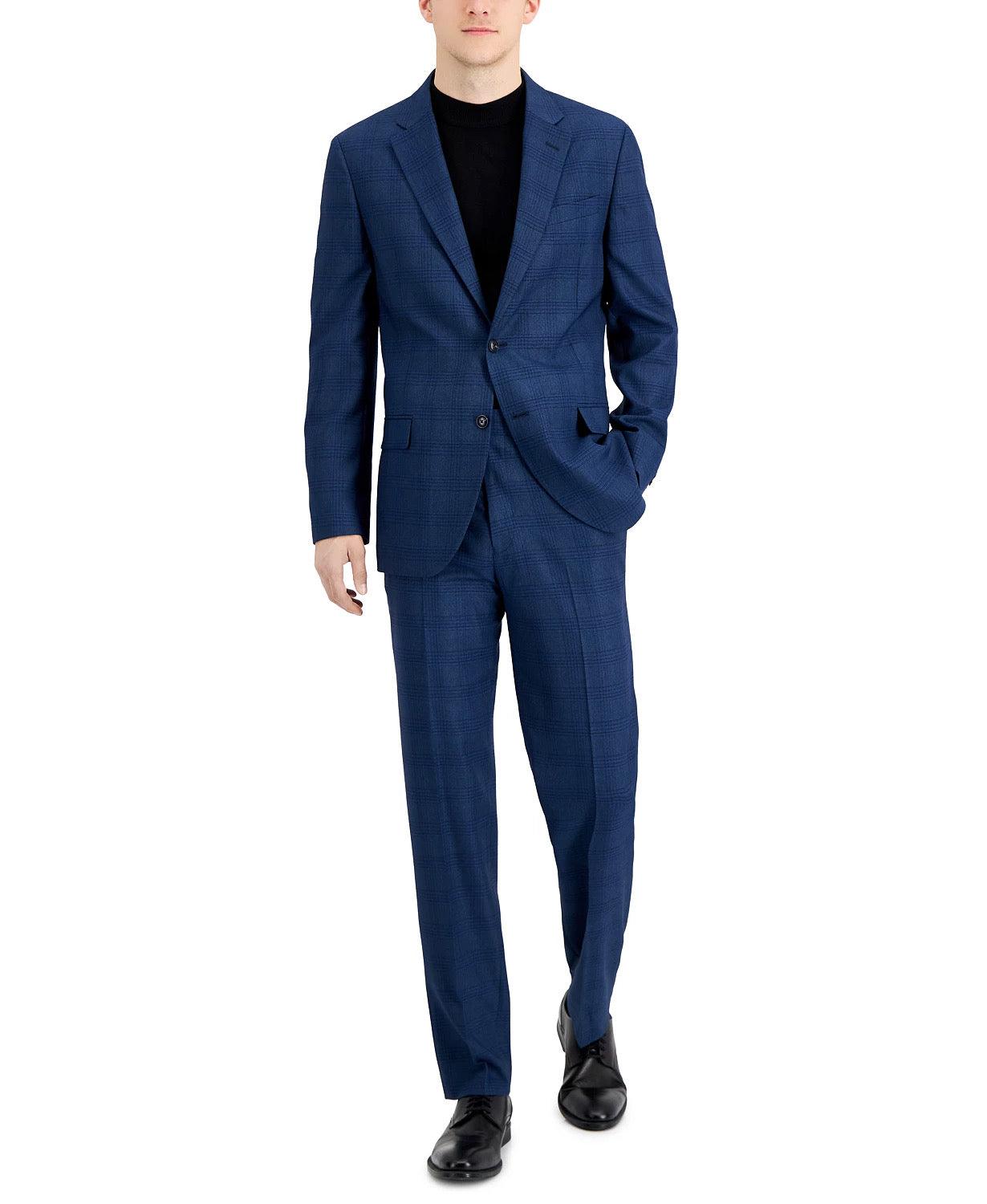 Nautica Mens Modern fit 2 Piece Suit 44 R / 38 Waist Blue Plaid Stretch