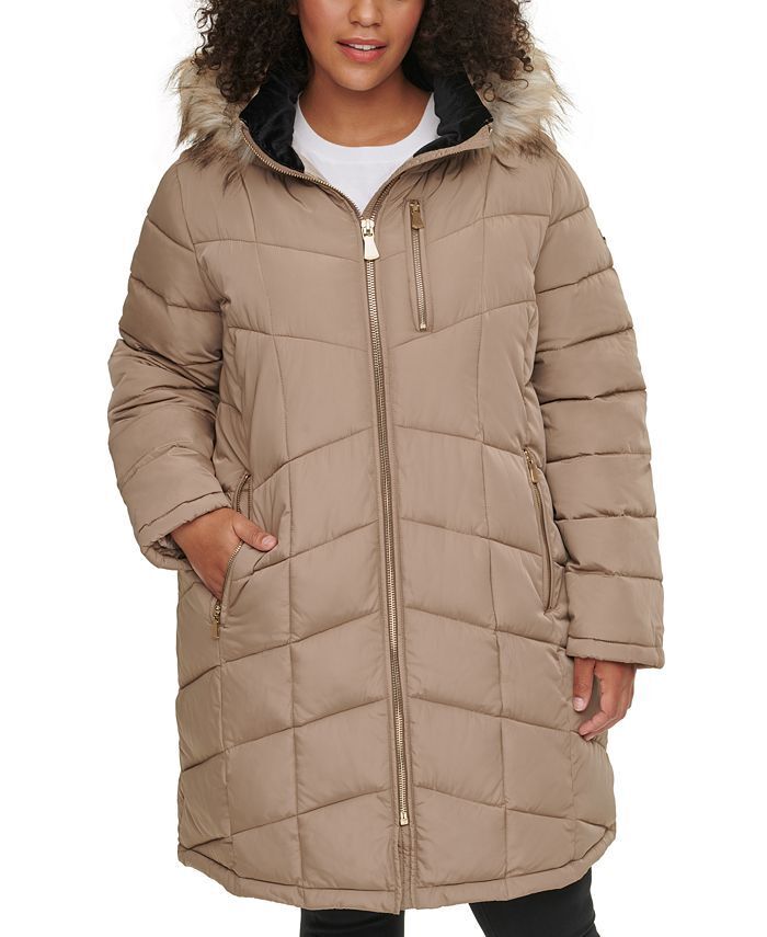 CALVIN KLEIN Womens Plus Faux-Fur-Trim Hooded Puffer Coat 0X Owl Brown