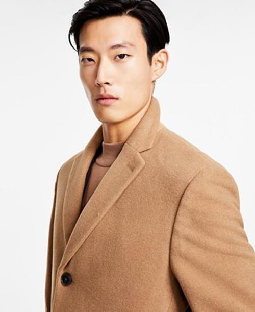 Calvin Klein Mens Prosper Slim Fit Overcoat Caot 42L Camel Brown Wool
