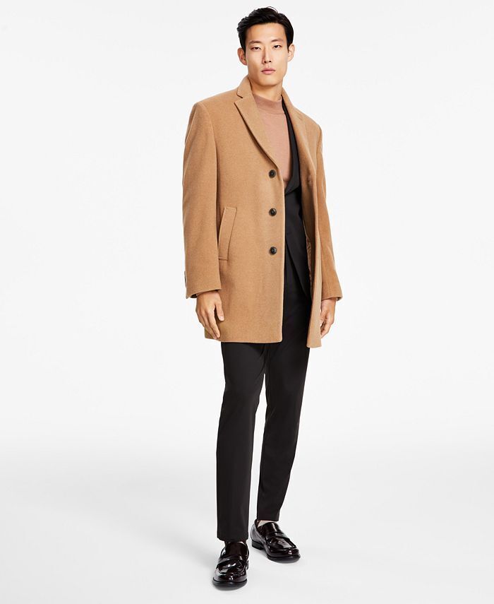 Calvin Klein Mens Prosper Slim Fit Overcoat Caot 42L Camel Brown Wool