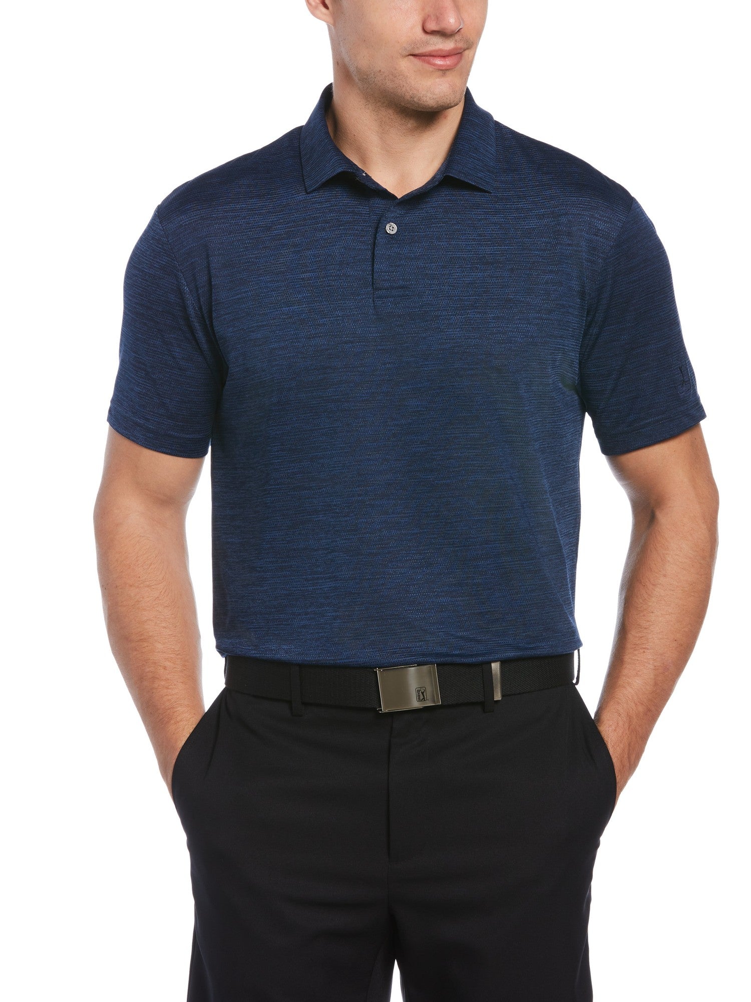 Pga Tour Men's Space Dye Texture Golf Short Sleeve Polo Shirt Blue Small