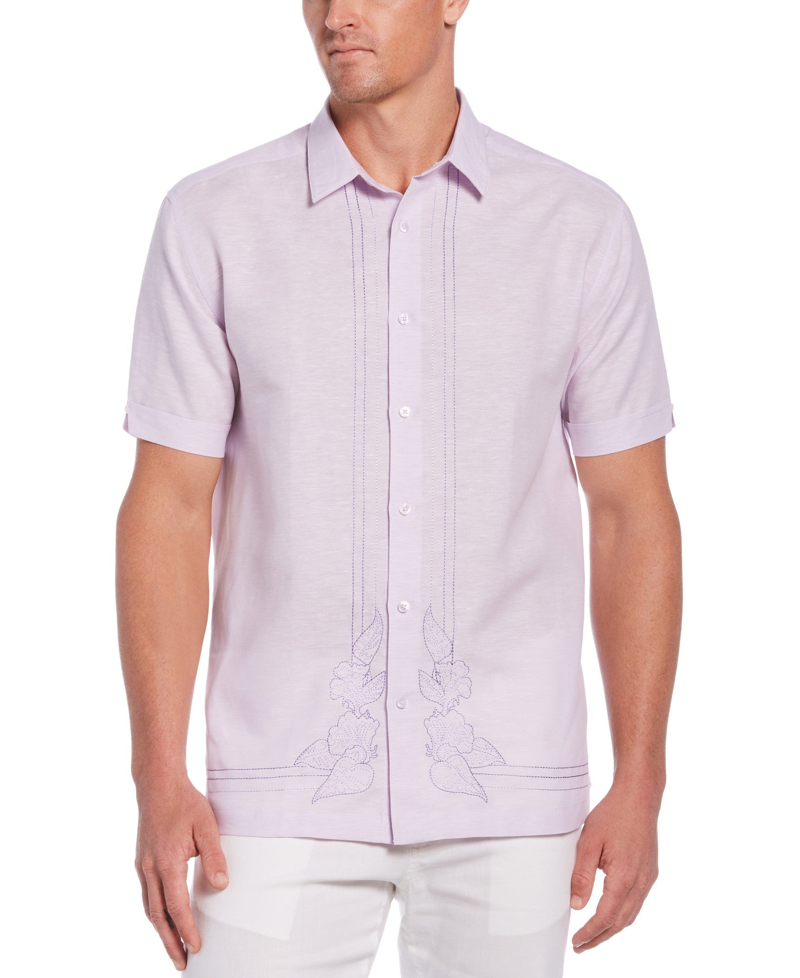 Cubavera Men's Pastel Lilac Tropical Embroidered Shirt Small
