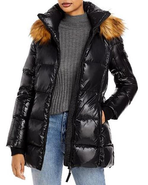 Aqua Luxe Womens Gramercy Faux Fur Hooded DOWN Puffer Jacket Small Black