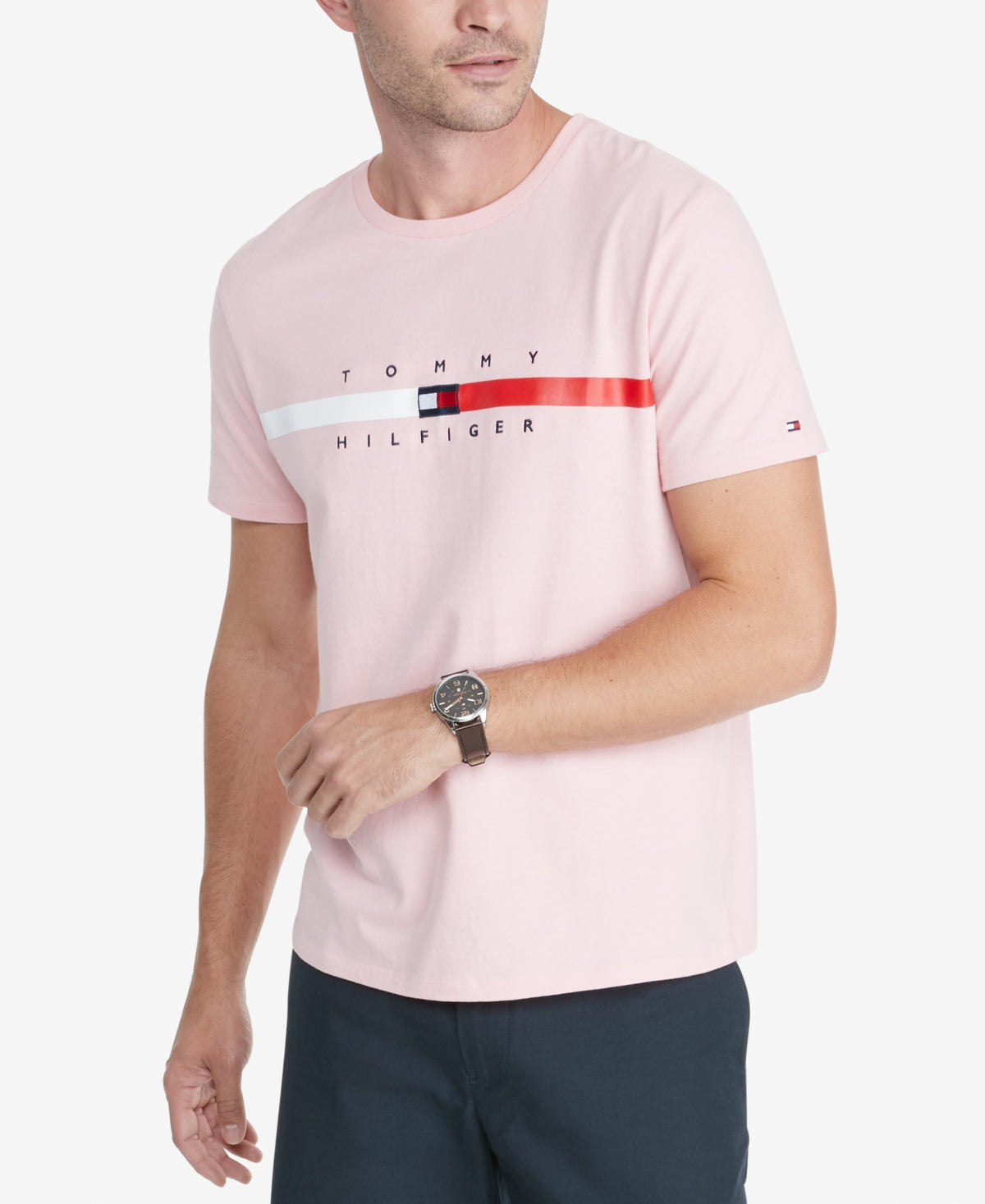 Tommy Hilfiger Men's Flag Stripe Tshirt  Glacier Pink  Size Large