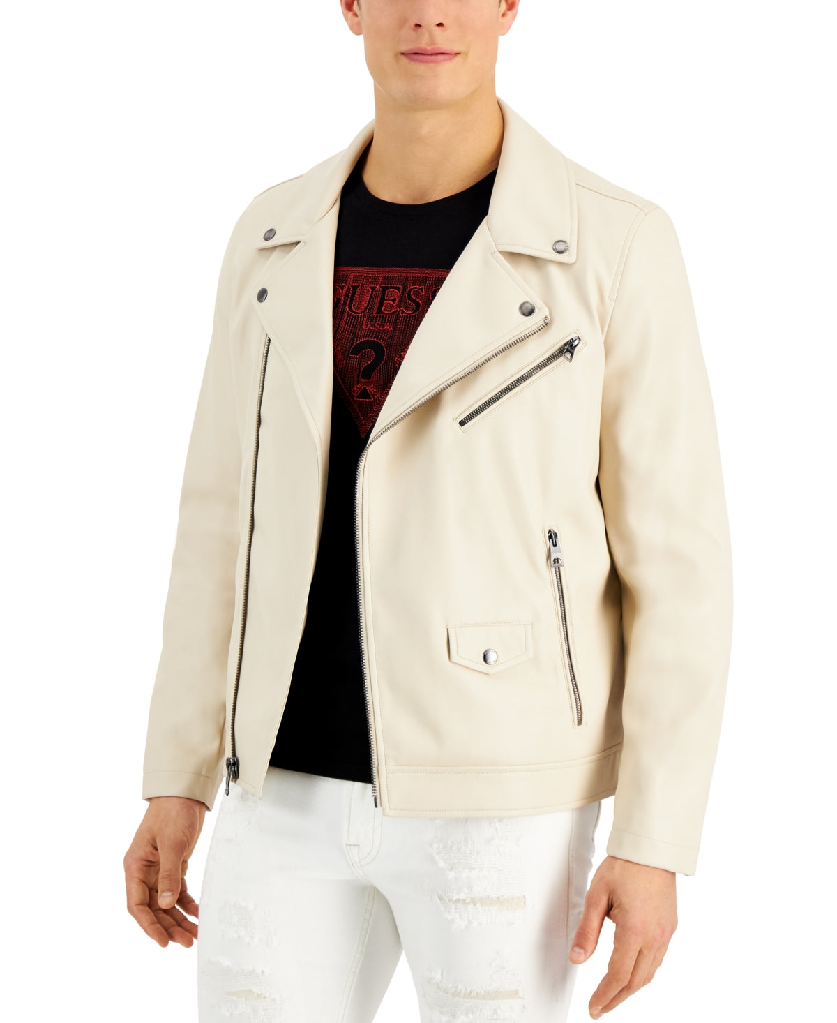 GUESS Mens Faux Leather Motorcycle Stone Large