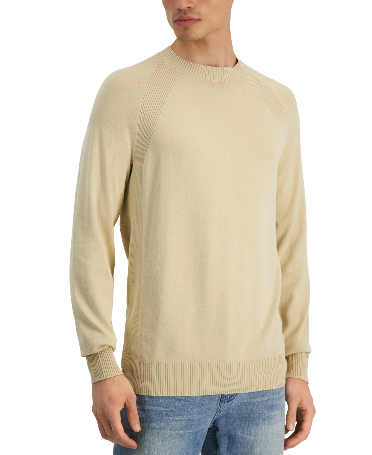 Alfani Mens Ribbed Crewneck Raglan Sweater Pale Khaki 2XL