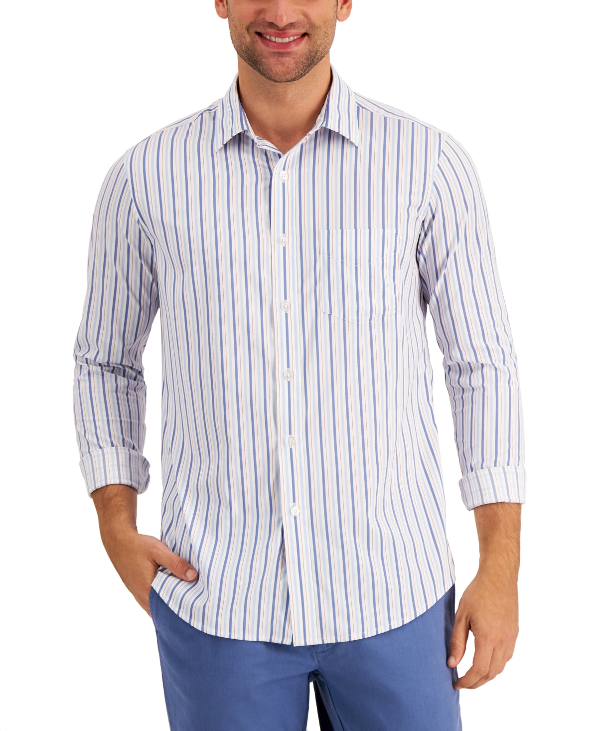 Club Room Men's Striped Performance  Button Down Shirt White Combo Large