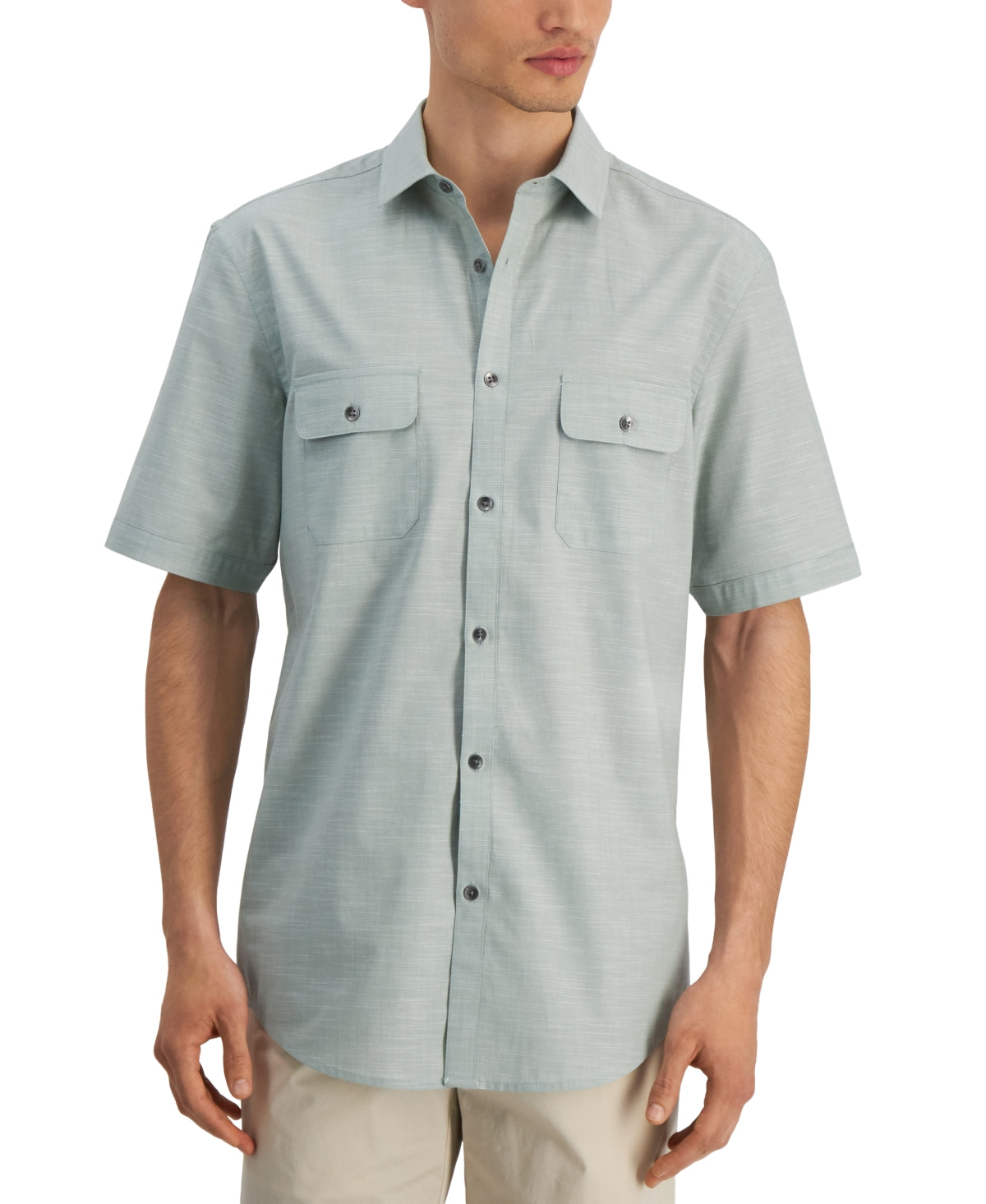 Alfani Men's Warren Short Sleeve Button Down Shirt Gray Sage Small
