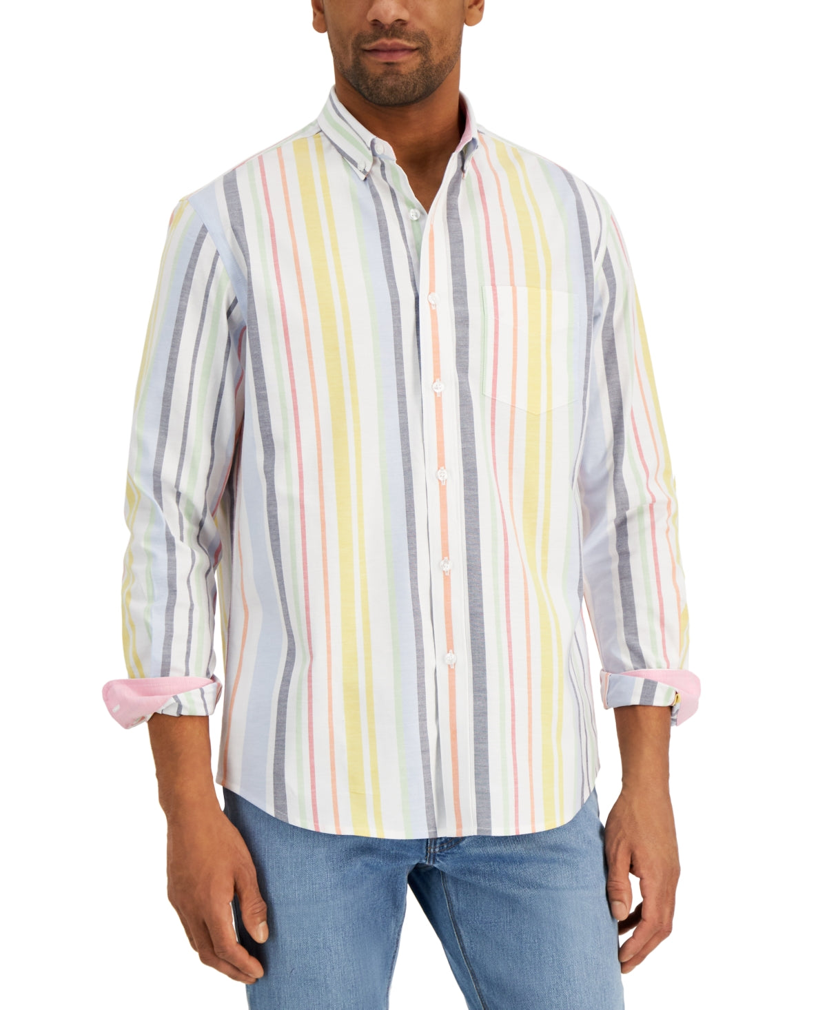 Club Room Men's Stretch Stripe Oxford Shirt White Size Small