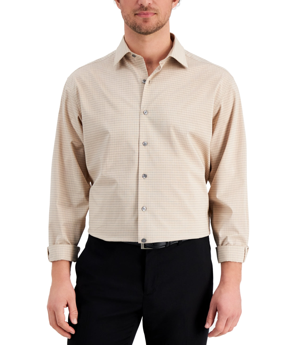 Alfani Men's Regular Fit Traveler Stretch Button Down Dress Shirt Beige