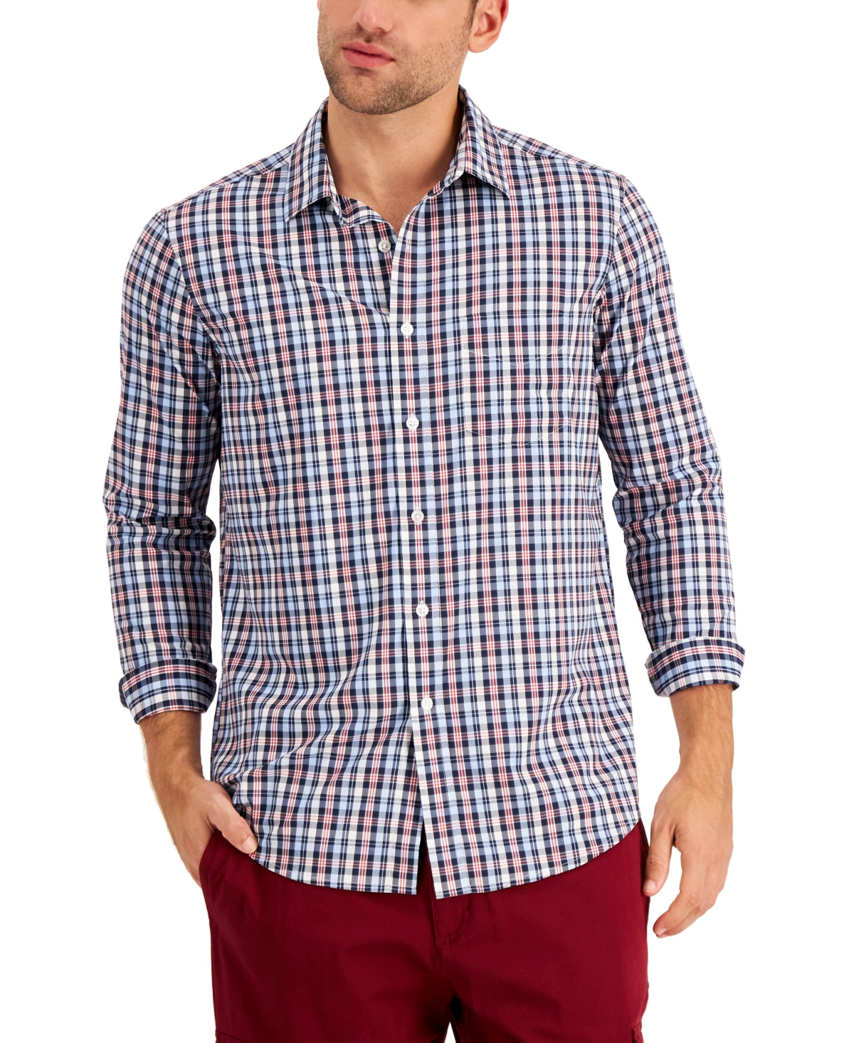 Club Room Men's Plaid Performance Button Down Shirt Navy Blue Small