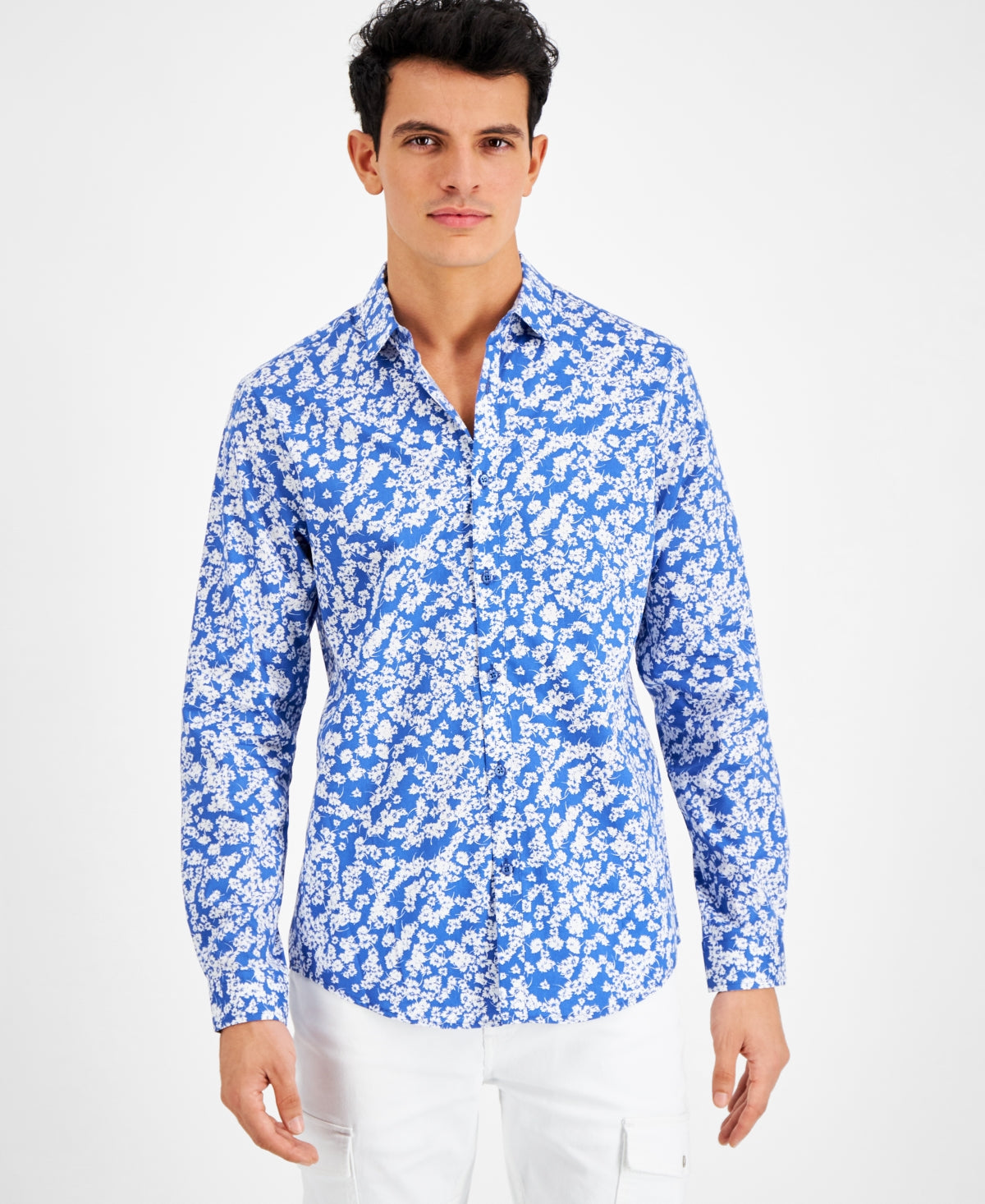 INC International Concepts Mens Floral Print Button Down Shirt Navy Blue Large