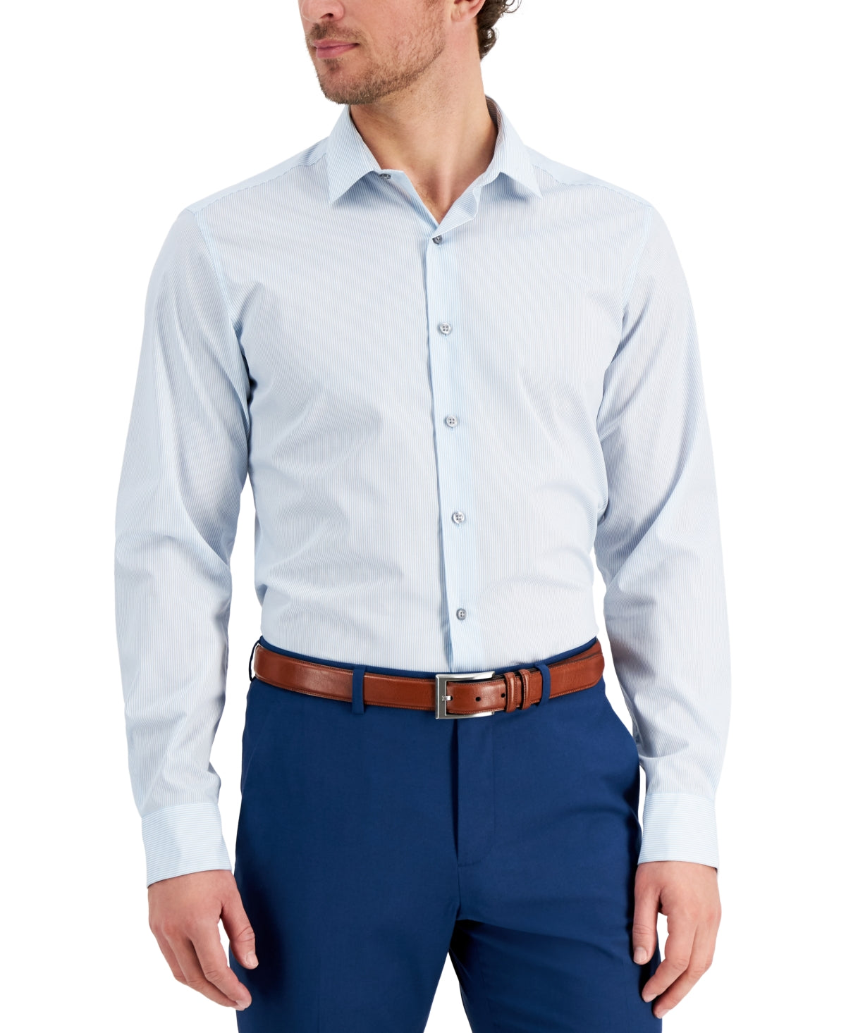 Alfani Men's Slim Fit Stripe Dress Shirt Light Blue White Medium