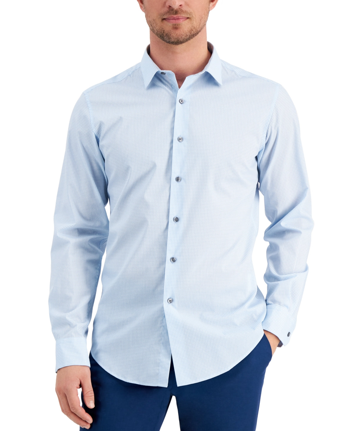 Alfani Mens Slim-Fit Houndstooth Button Down Dress Shirt Blue Medium