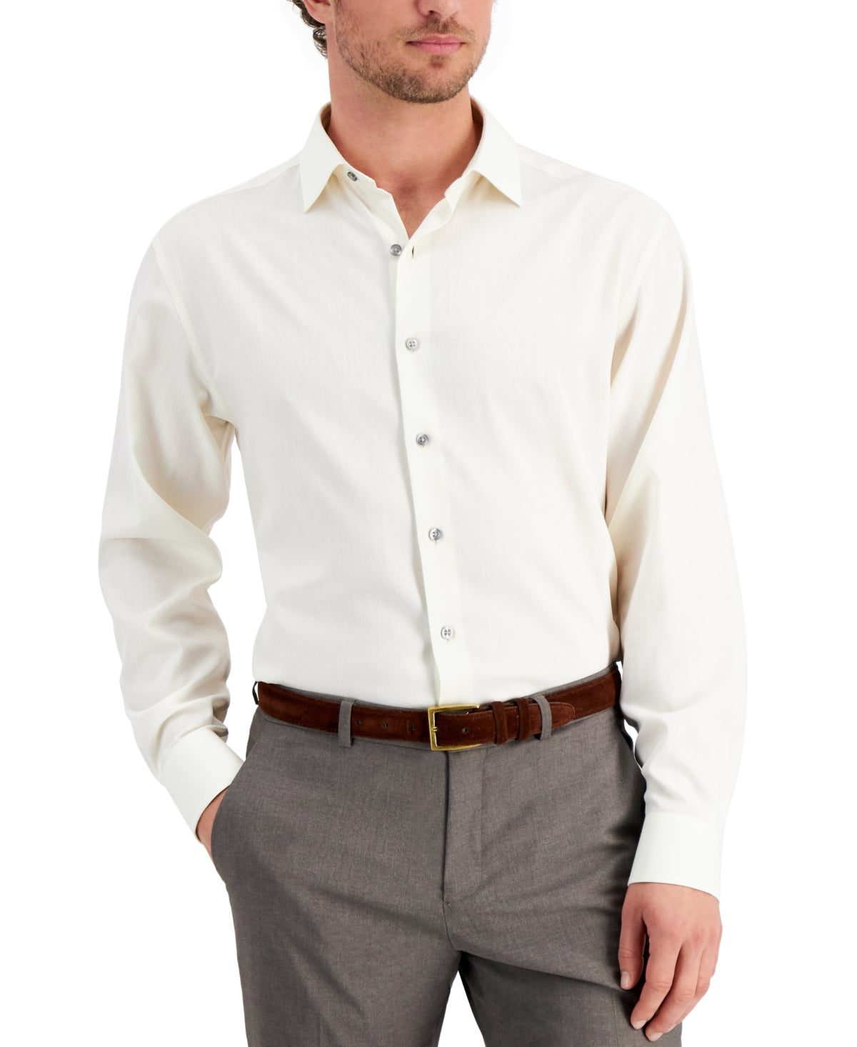 Alfani Mens Herringbone Performance Button Down Dress Shirt Tan 18 18.5 36 37