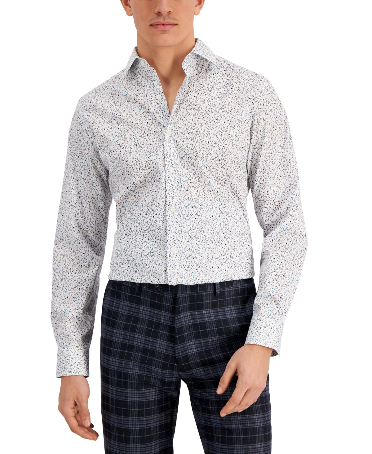 Bar III Men's Floral Long Sleeve Button Down Shirt White Blue Small
