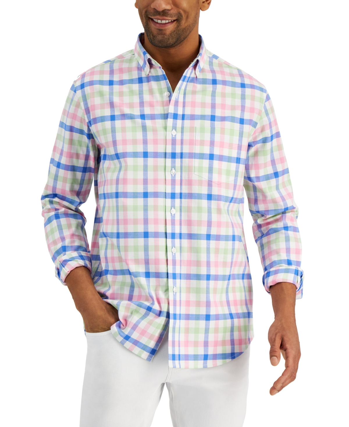 Club Room Men's Regular-Fit Stretch Check Button Down Dress Shirt White Combo XL