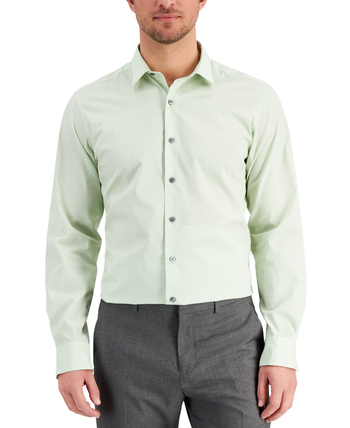 Alfani Mens Slim-Fit Houndstooth Dress Button Down Shirt Sage Large 16 16 1/2