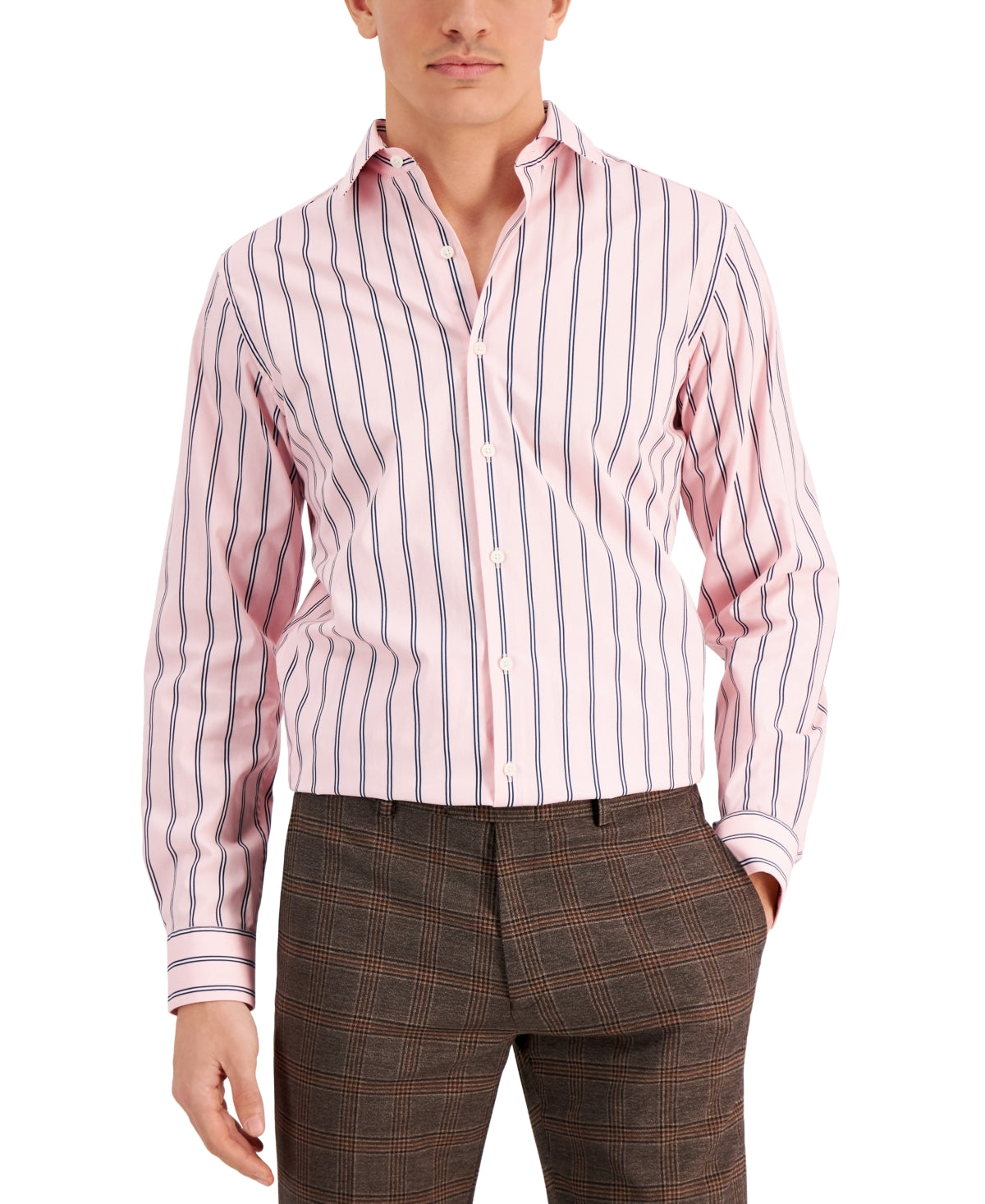 Bar III Mens Pink Blue Stripe Button Down Dress Shirt XL 17 17.5