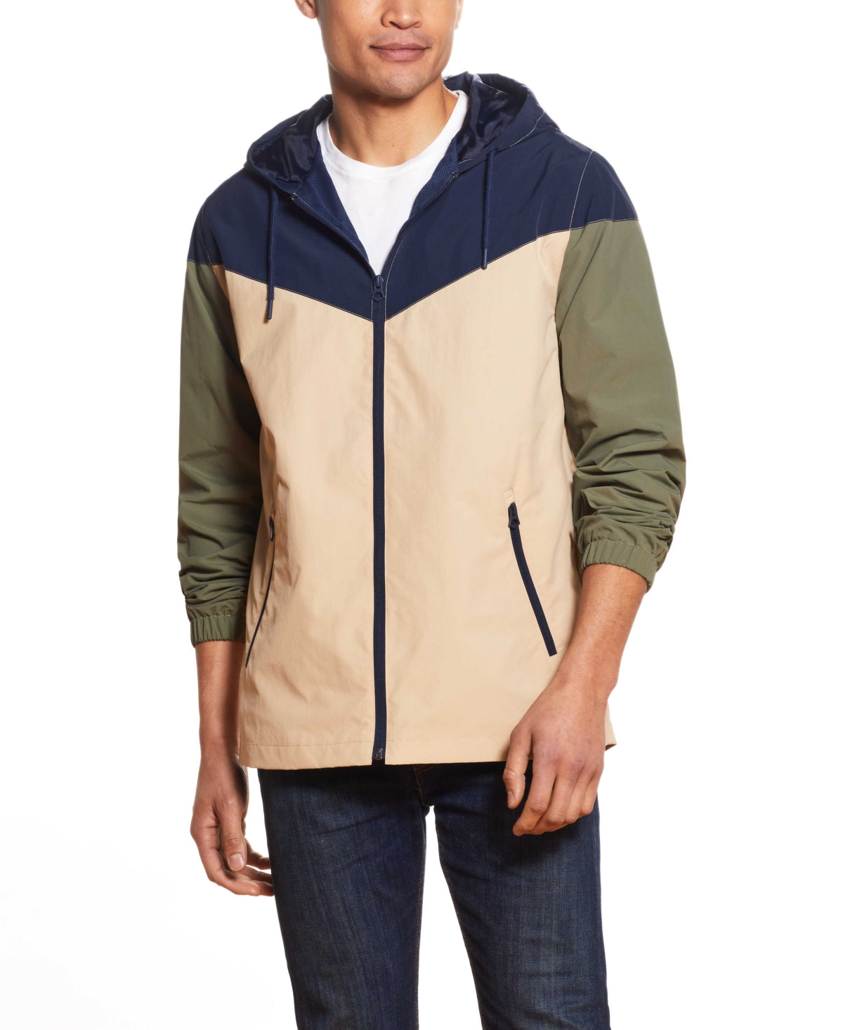 WEATHERPROOF VINTAGE Mens Hooded Zip Front Jacket Tan Blue Medium
