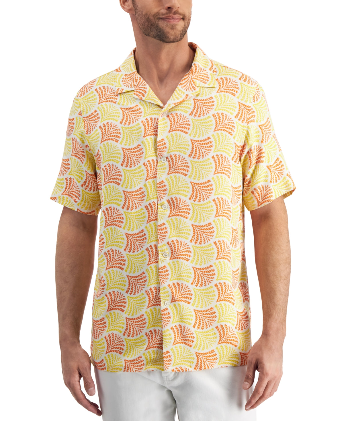 Club Room Mens Perola Fern Print Short Sleeve Button Down Shirt Orange Poppy XL
