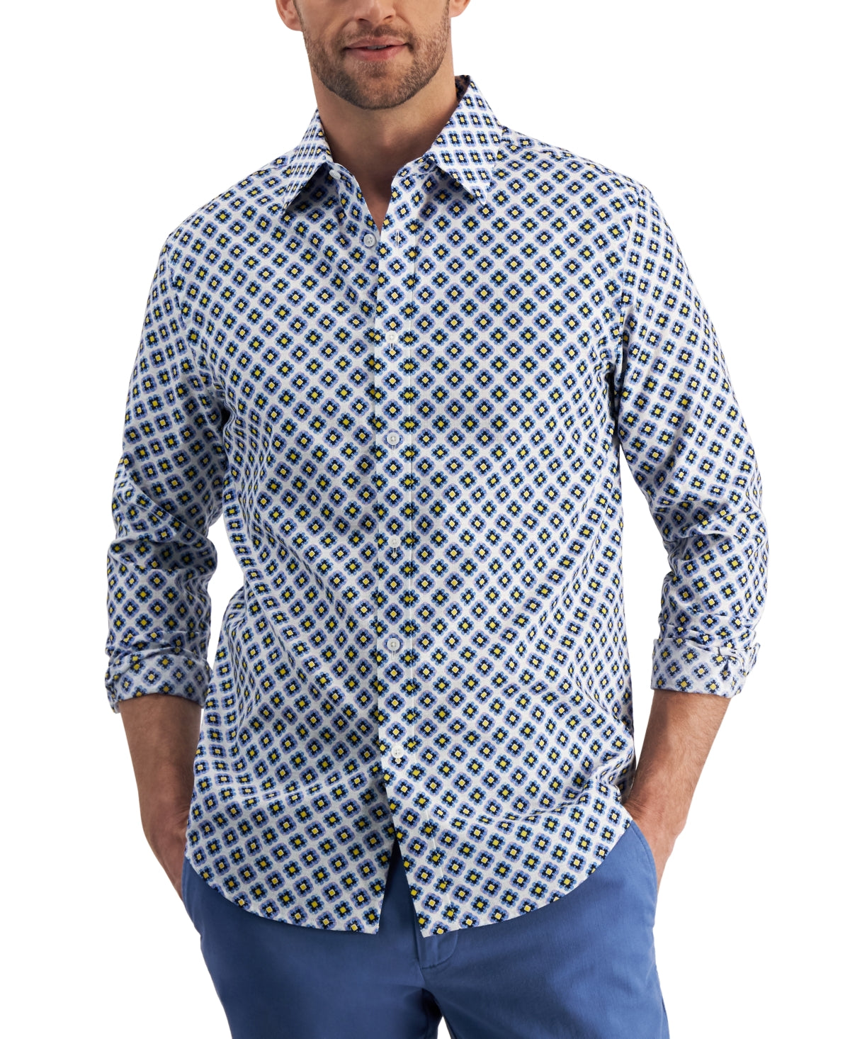 Club Room Concho Mens Cotton Print Button down Shirt Blue Pink XL