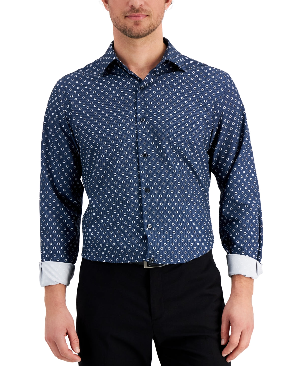 Alfani Mens Geo Print Button Down Dress Shirt Navy Blue White 14-14.5 / 32 - 33