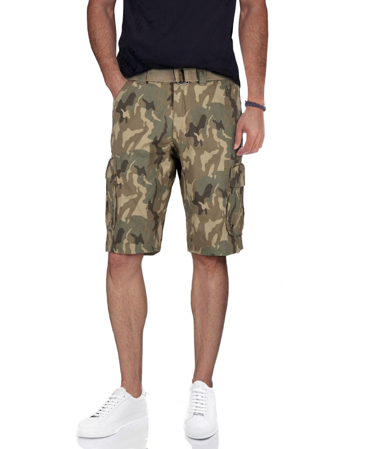 RAW X  Men's Belted Double Pocket Cargo Shorts Desert Camo Green Beige 32