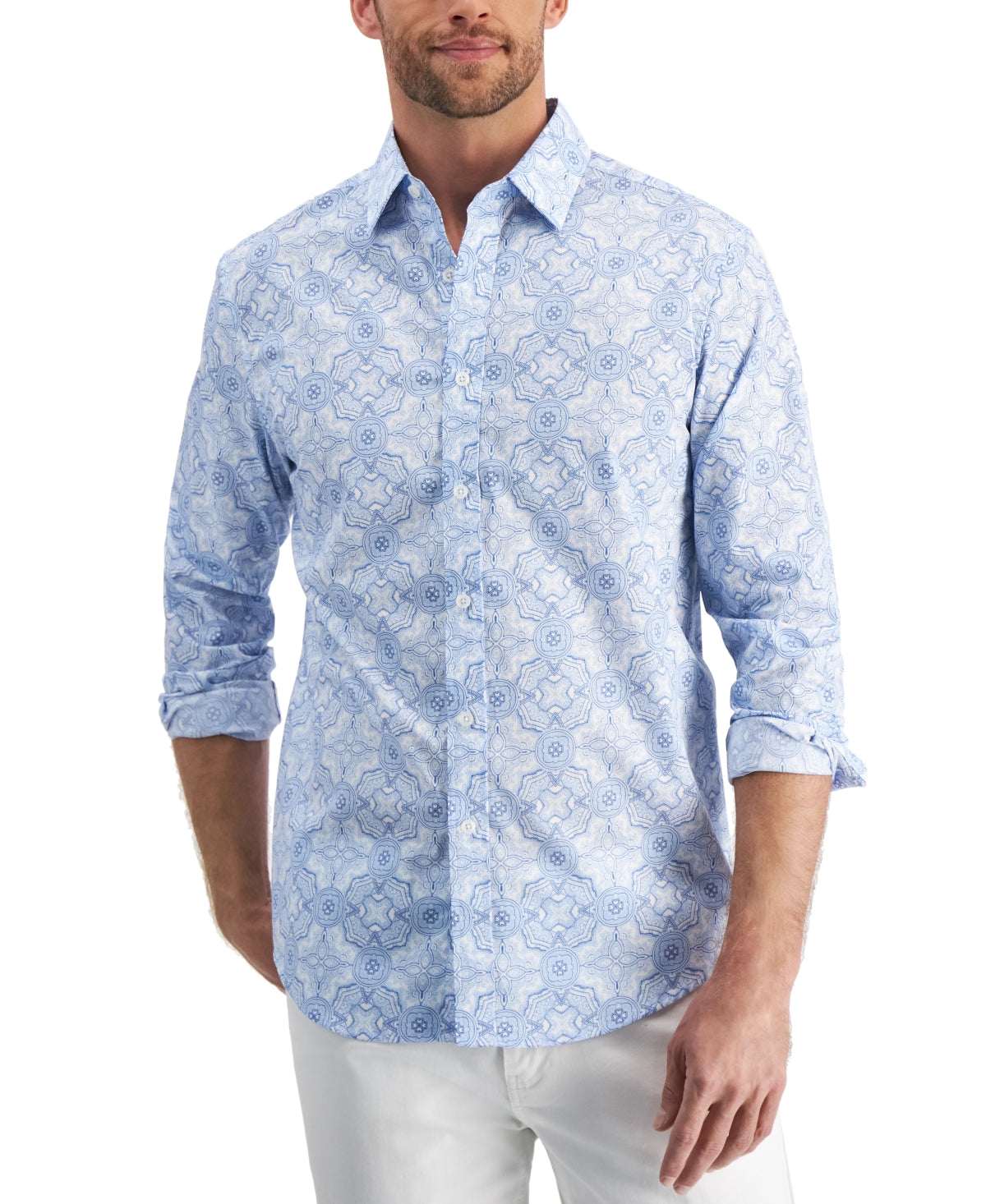 Club Room Mens Medallion Print Button Down Shirt Blue Small