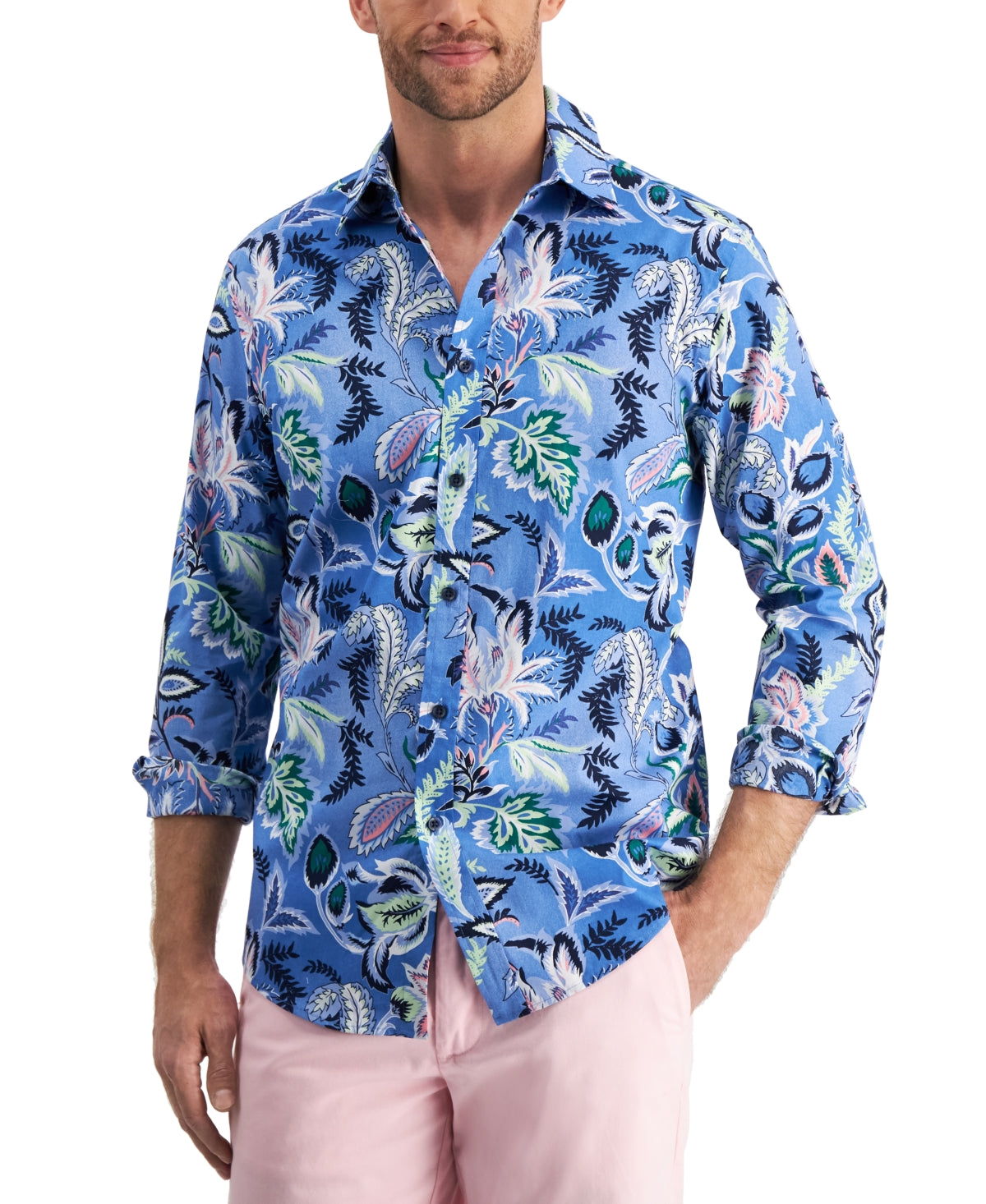 Club Room Men's Cerritos Floral Print Button Down Shirt Palace Blue Small