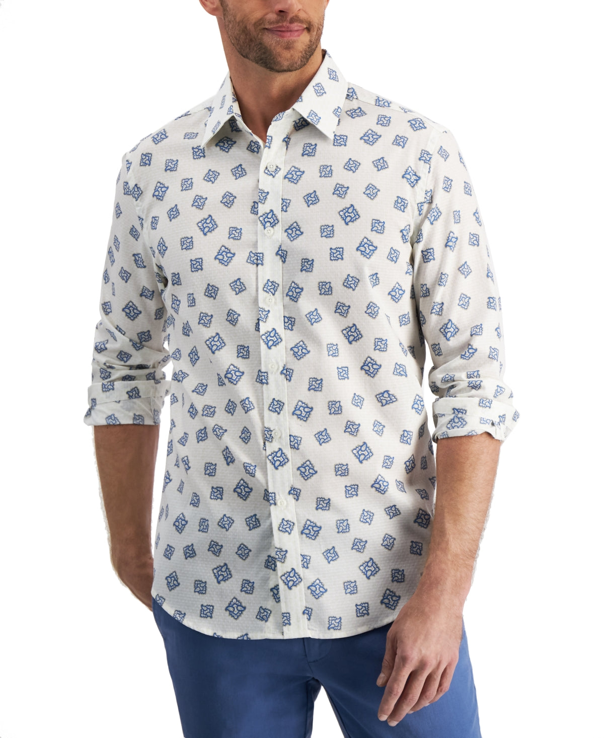 Club Room Men's Rolo Paisley Print Button Down Shirt Small White