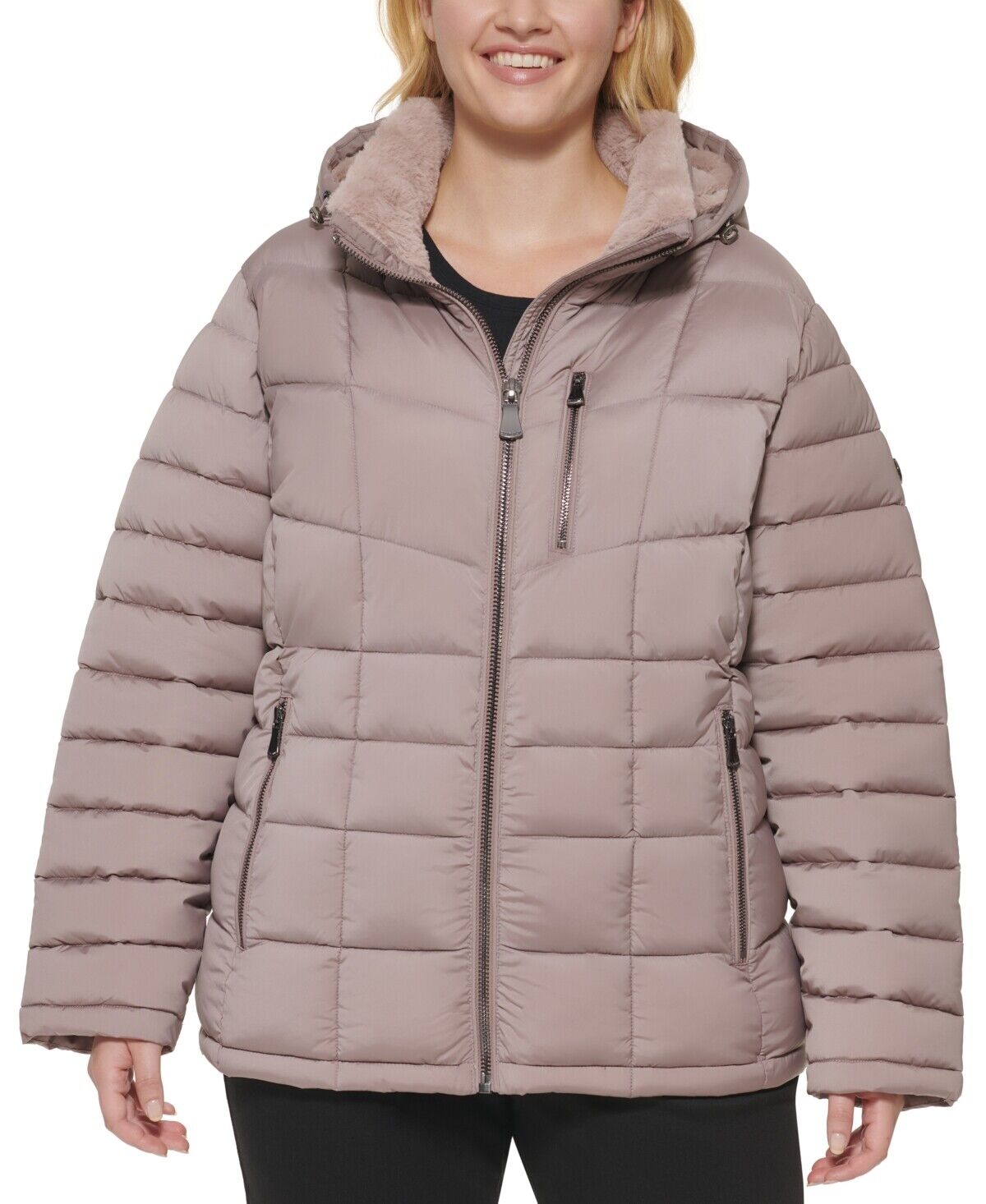 CALVIN KLEIN Women's Plus Faux-Fur-Trim Hooded Puffer Coat 1X Fig