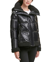 CALVIN KLEIN Women's Hooded Mixed-Media Puffer Coat Small Black