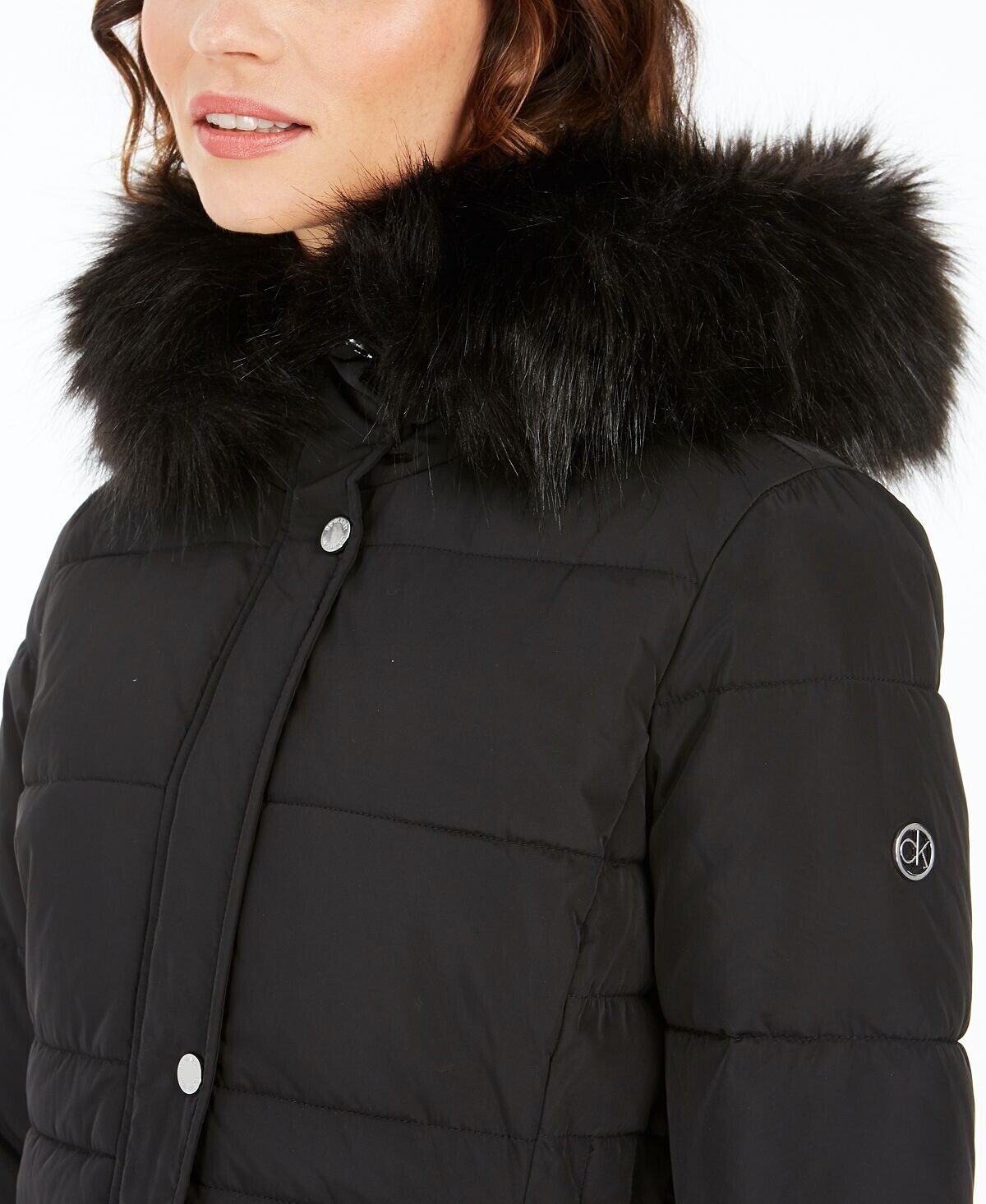 Calvin Klein Womens Hooded Faux-Fur-Trim Maxi Puffer Coat XXS Black / Black