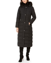 Calvin Klein Womens Hooded Faux-Fur-Trim Maxi Puffer Coat XXS Black / Black