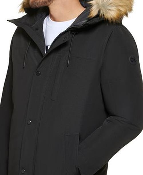 CALVIN KLEIN Men's Faux Fur Trim Parka Coat XXL Solid Black
